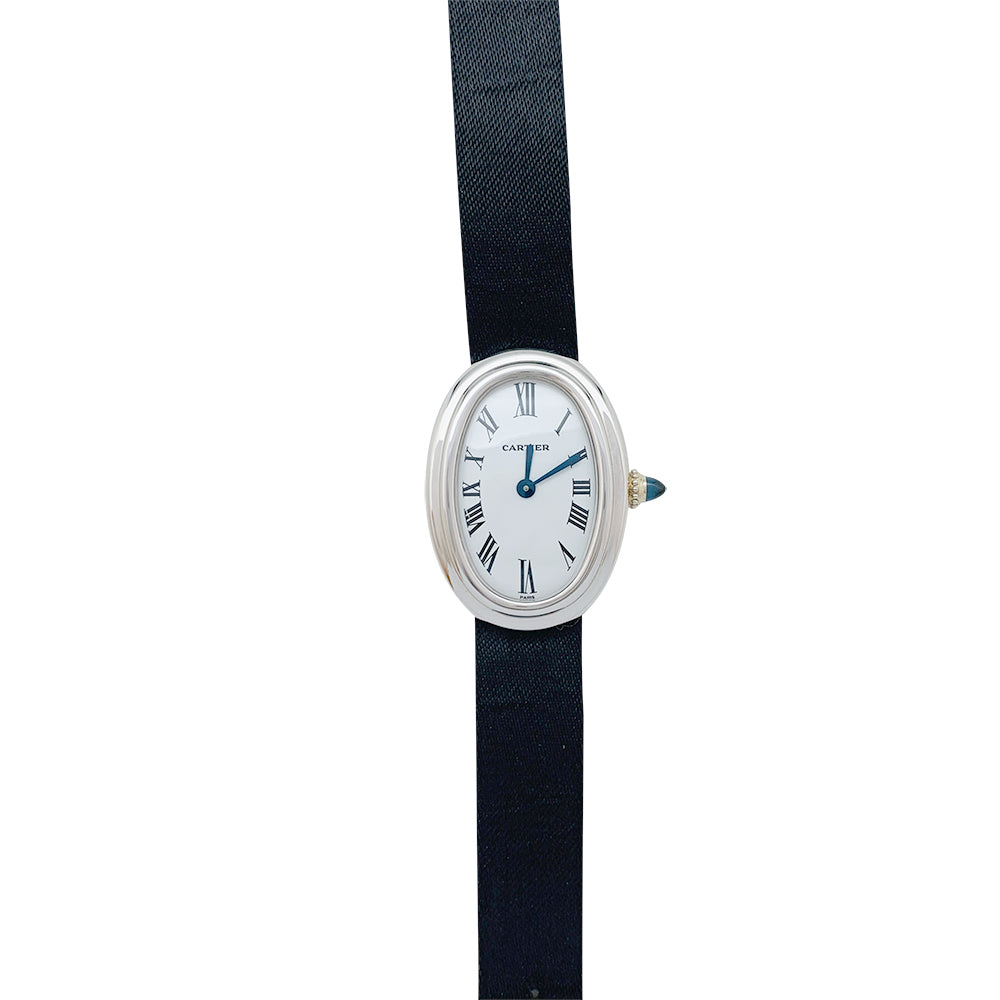 Cartier "Baignoire" model watch in white gold on leather.