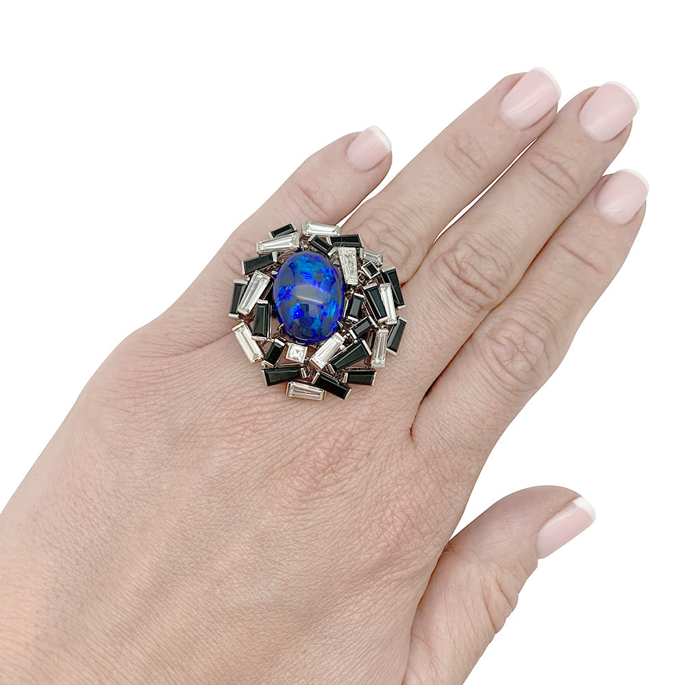 Chaumet "Le Grand Frisson" ring in white gold, fire opal, diamonds and onyx.