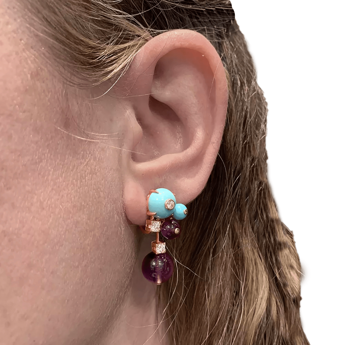 Boucles d'oreilles Cartier "Délices de Goa" en or rose, améthystes, diamants et turquoises. - Maison Eloe