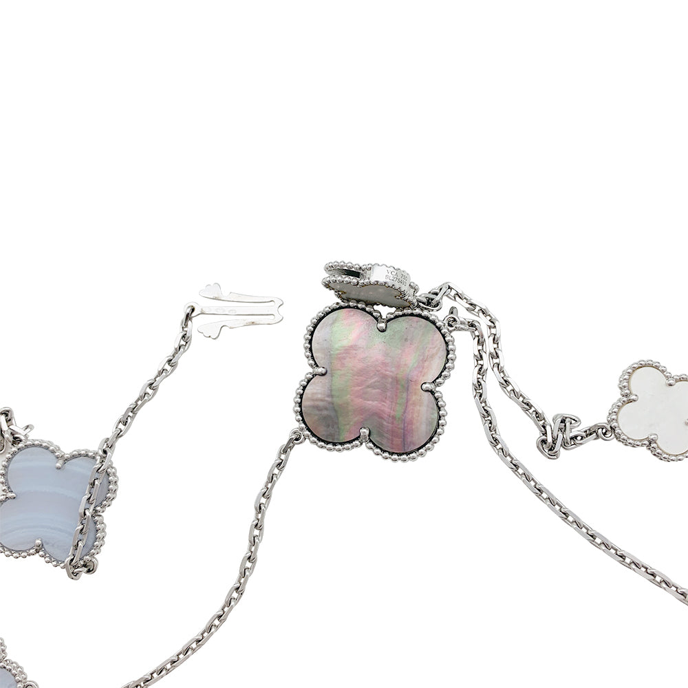 Van Cleef & Arpels "Magic Alhambra" necklace in white gold, chalcedony and mother-of-pearl.