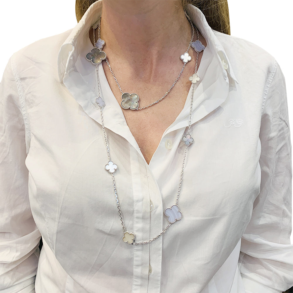 Van Cleef & Arpels "Magic Alhambra" necklace in white gold, chalcedony and mother-of-pearl.