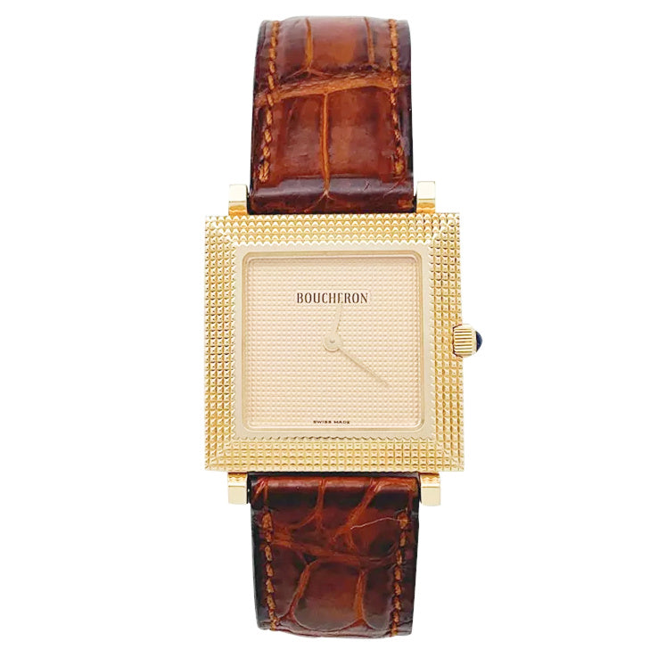 Montre Boucheron, "Pointe de Diamants", or jaune, cuir.