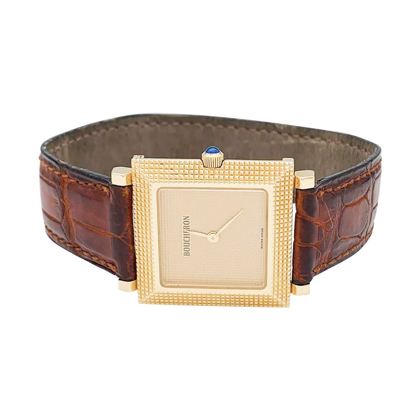 Boucheron watch, "Pointe de Diamants", yellow gold, leather.
