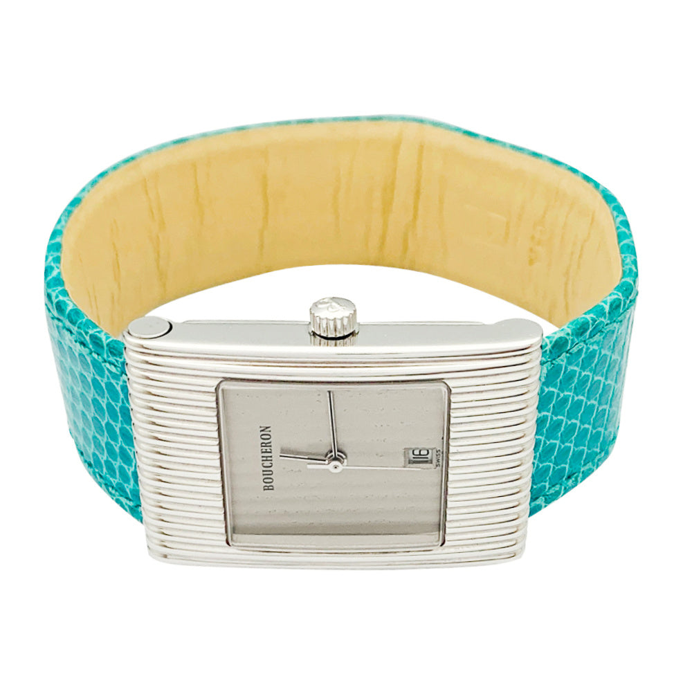 Boucheron watch, "Reflet" model, in steel on leather.