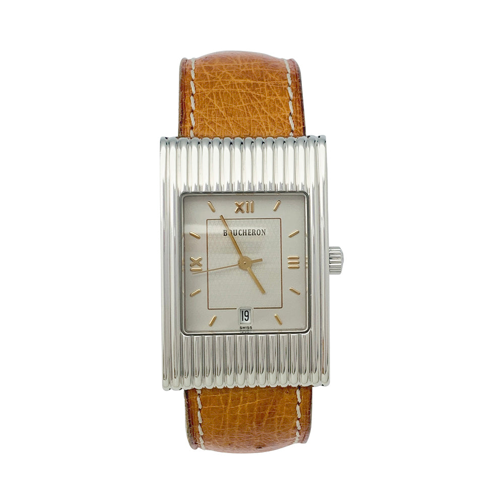 Montre Boucheron,"Reflet", en acier sur bracelet cuir.