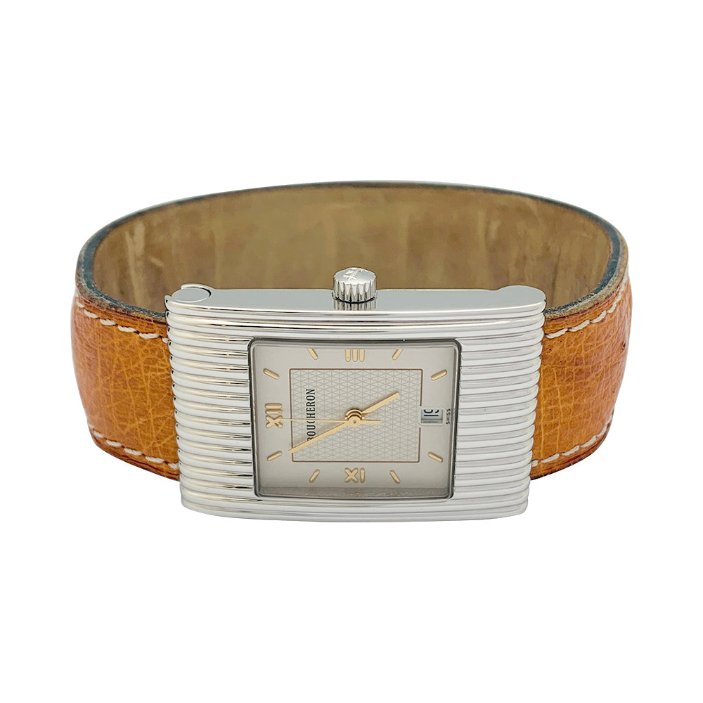 Boucheron watch, "Reflet", in steel on a leather strap.