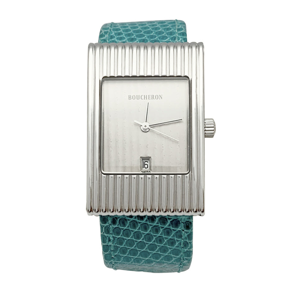 Montre Boucheron, modèle "Reflet", en acier sur cuir.