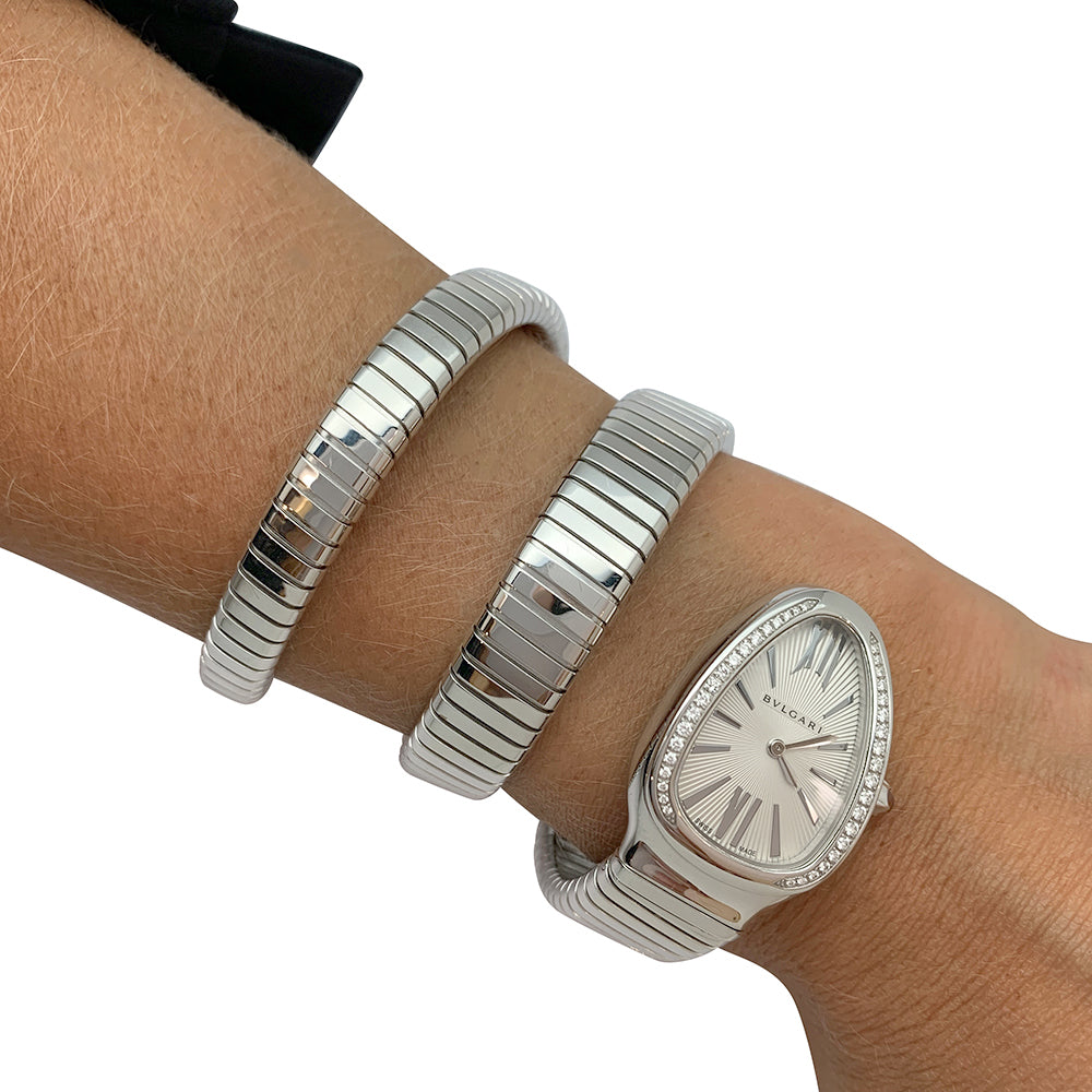 Bulgari Serpenti watch in steel, diamonds.