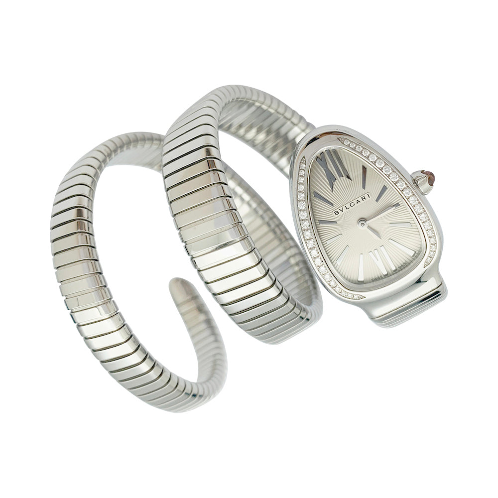 Bulgari Serpenti watch in steel, diamonds.