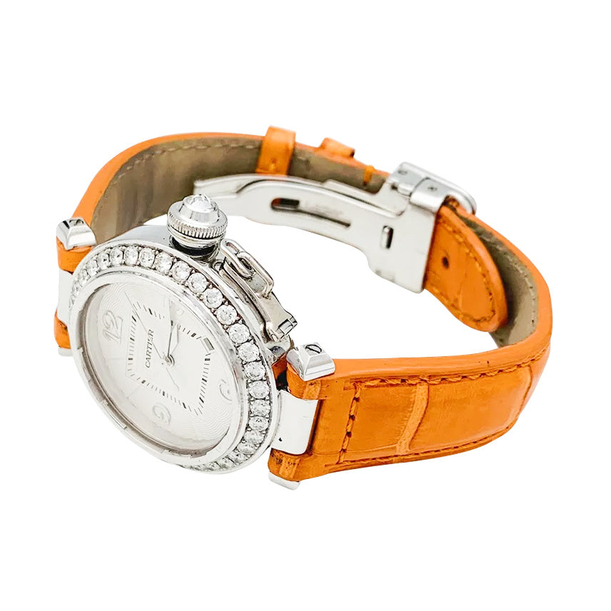 Cartier "Pasha" watch in white gold, diamonds and leather.