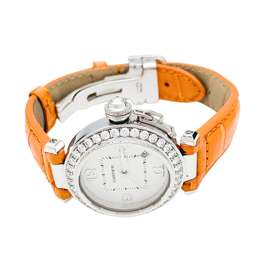 Cartier "Pasha" watch in white gold, diamonds and leather.