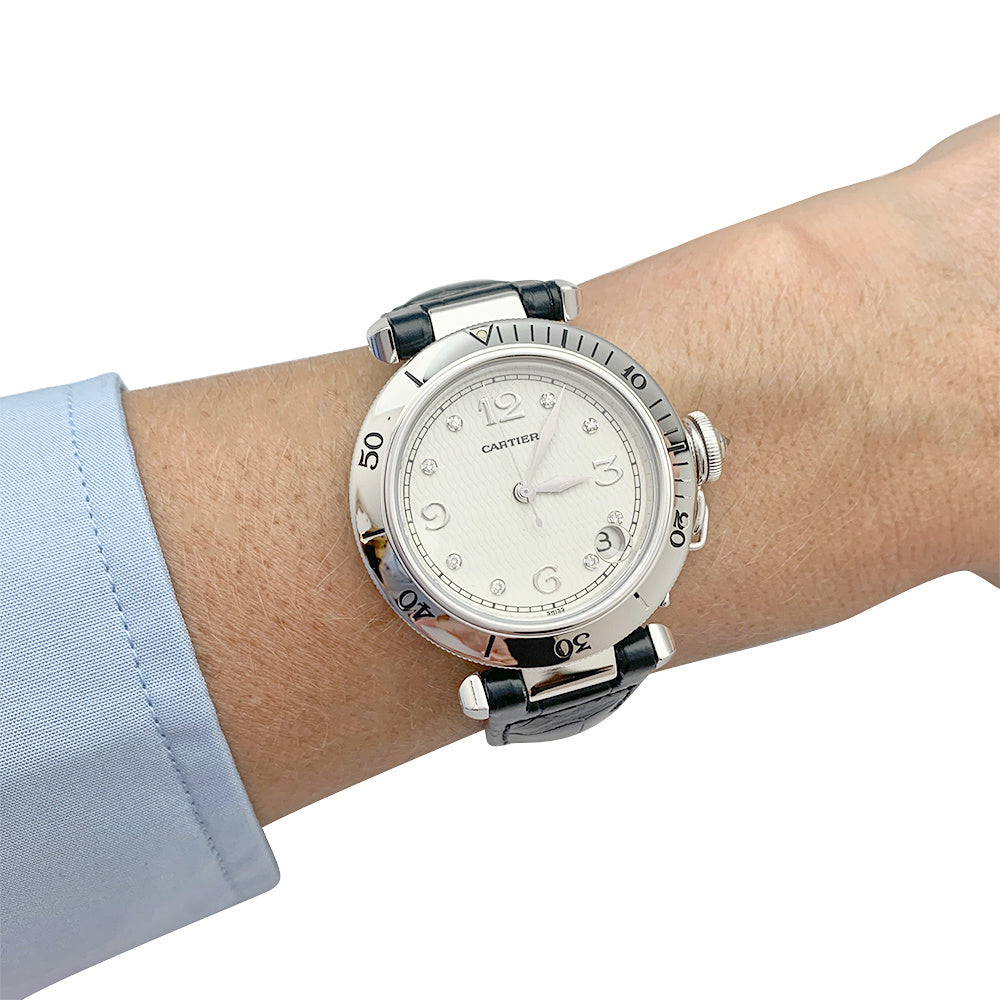 Cartier watch, "Pasha", white gold, diamonds and leather.