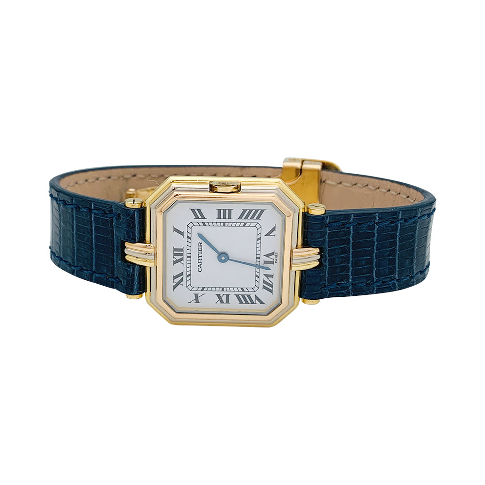 Cartier "Trinity" watch, 3 golds, leather.