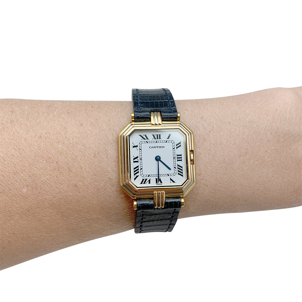 Cartier "Trinity" watch, 3 golds, leather.