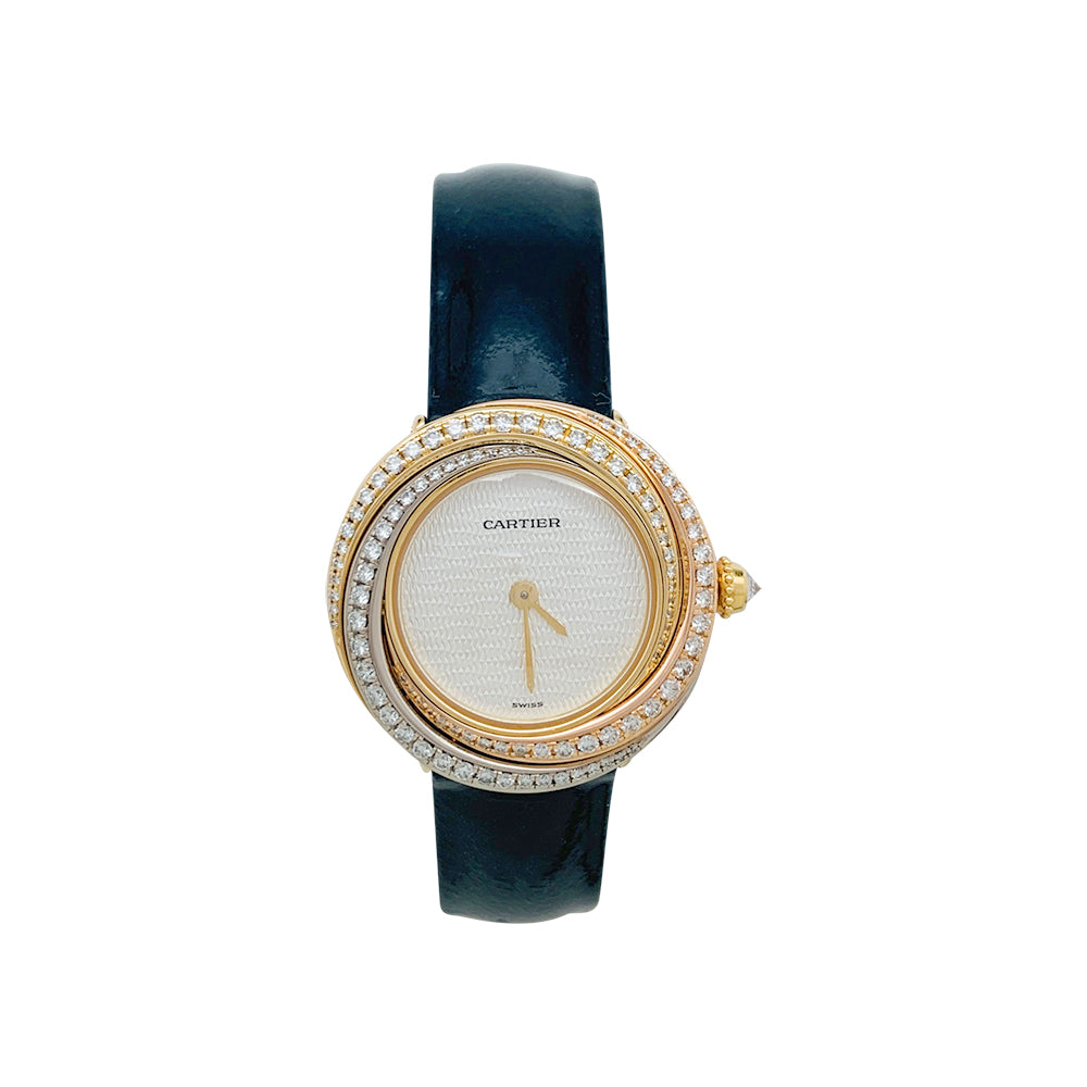 Cartier "Trinity" watch, 3 golds, diamonds, leather.