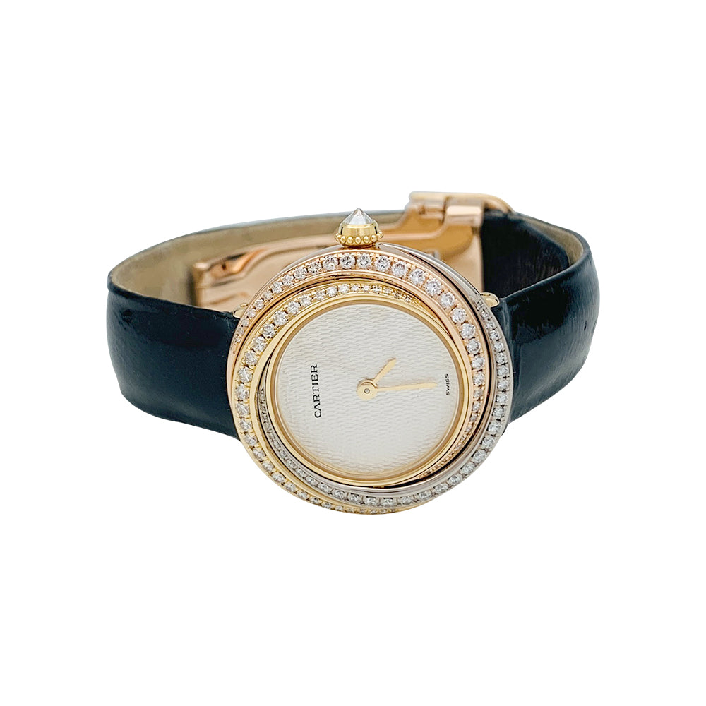 Cartier "Trinity" watch, 3 golds, diamonds, leather.