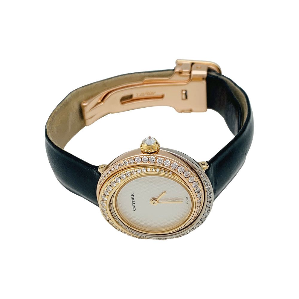 Cartier "Trinity" watch, 3 golds, diamonds, leather.