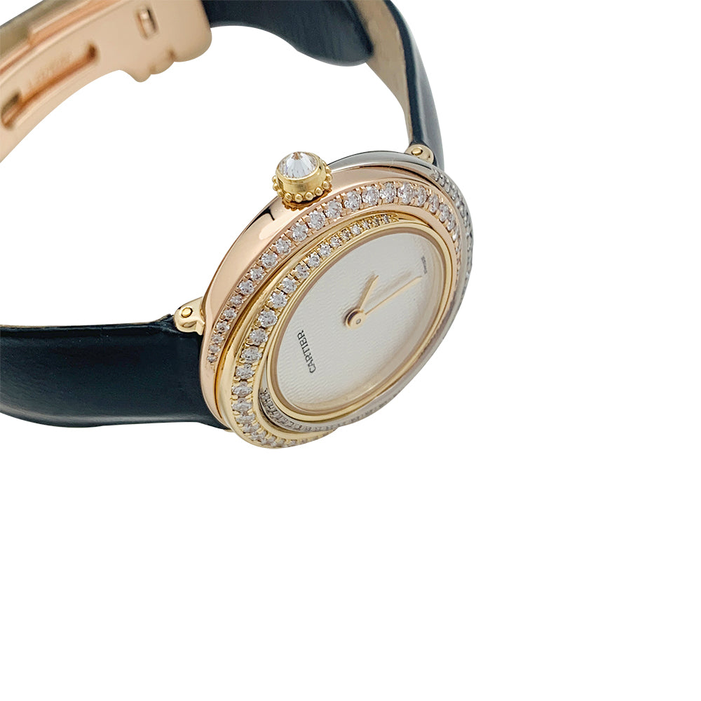 Cartier "Trinity" watch, 3 golds, diamonds, leather.