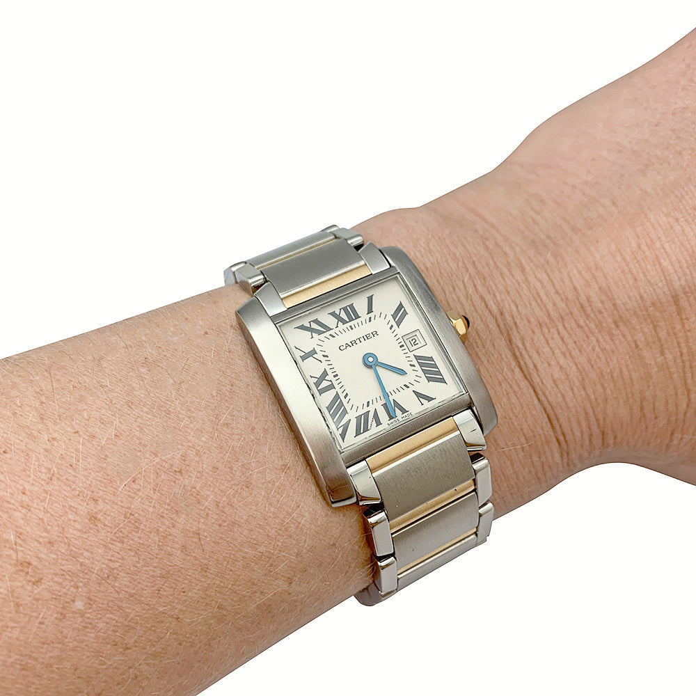 Cartier Tank Française medium model watch in gold and steel.