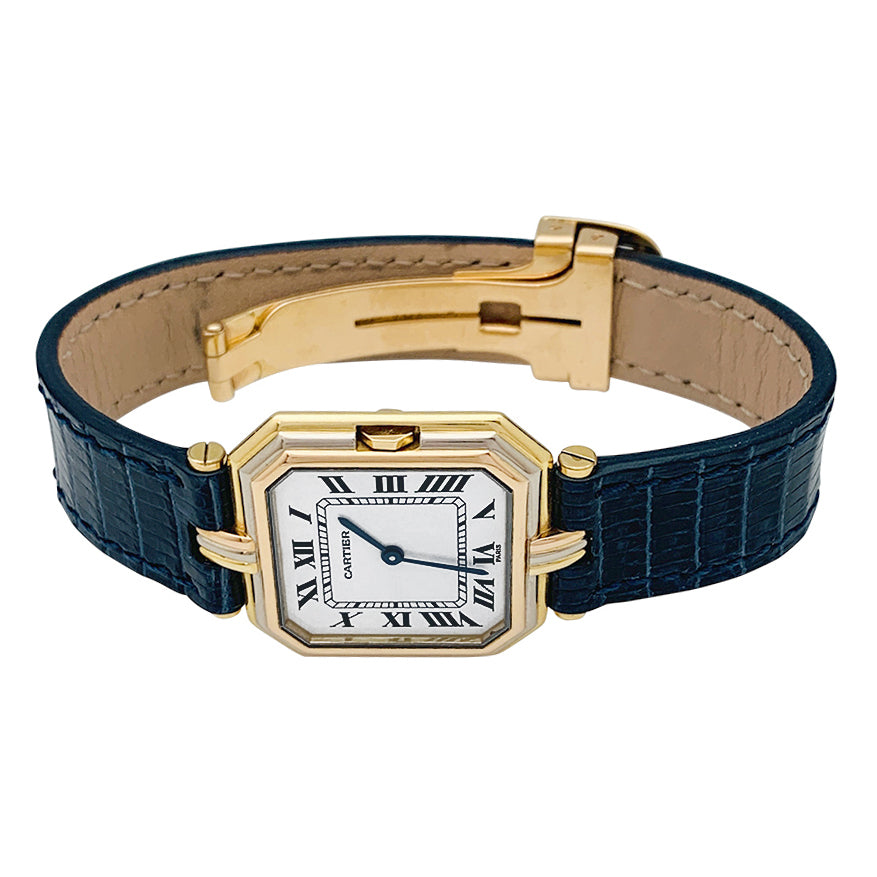 Cartier "Trinity" watch, 3 golds, leather.