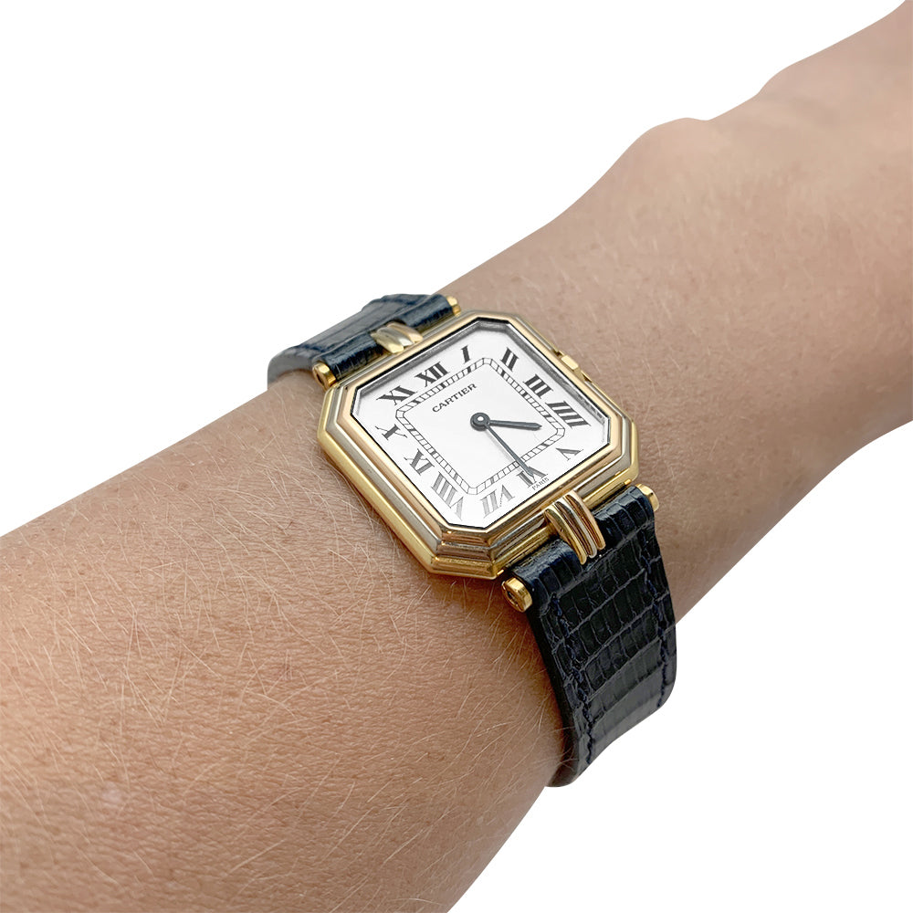 Cartier "Trinity" watch, 3 golds, leather.