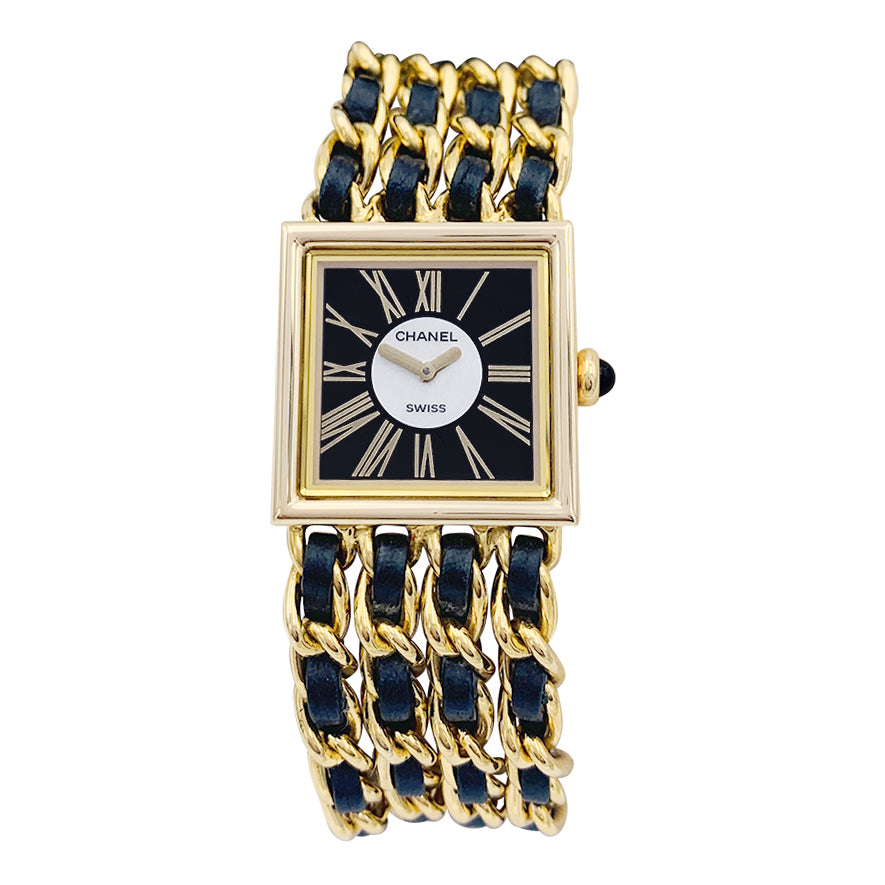 Montre Chanel, "Mademoiselle", or jaune, cuir.