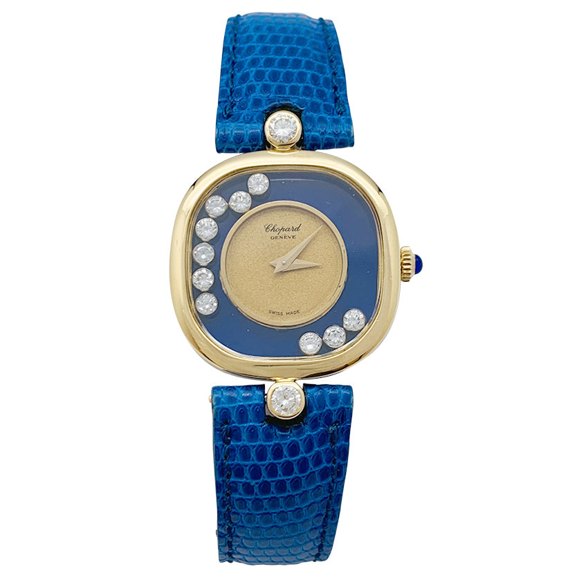 Montre Chopard "Happy Diamonds" en or jaune, lapis lazuli, diamants, cuir.