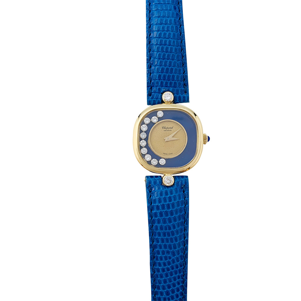 Chopard "Happy Diamonds" watch in yellow gold, lapis lazuli, diamonds, leather.