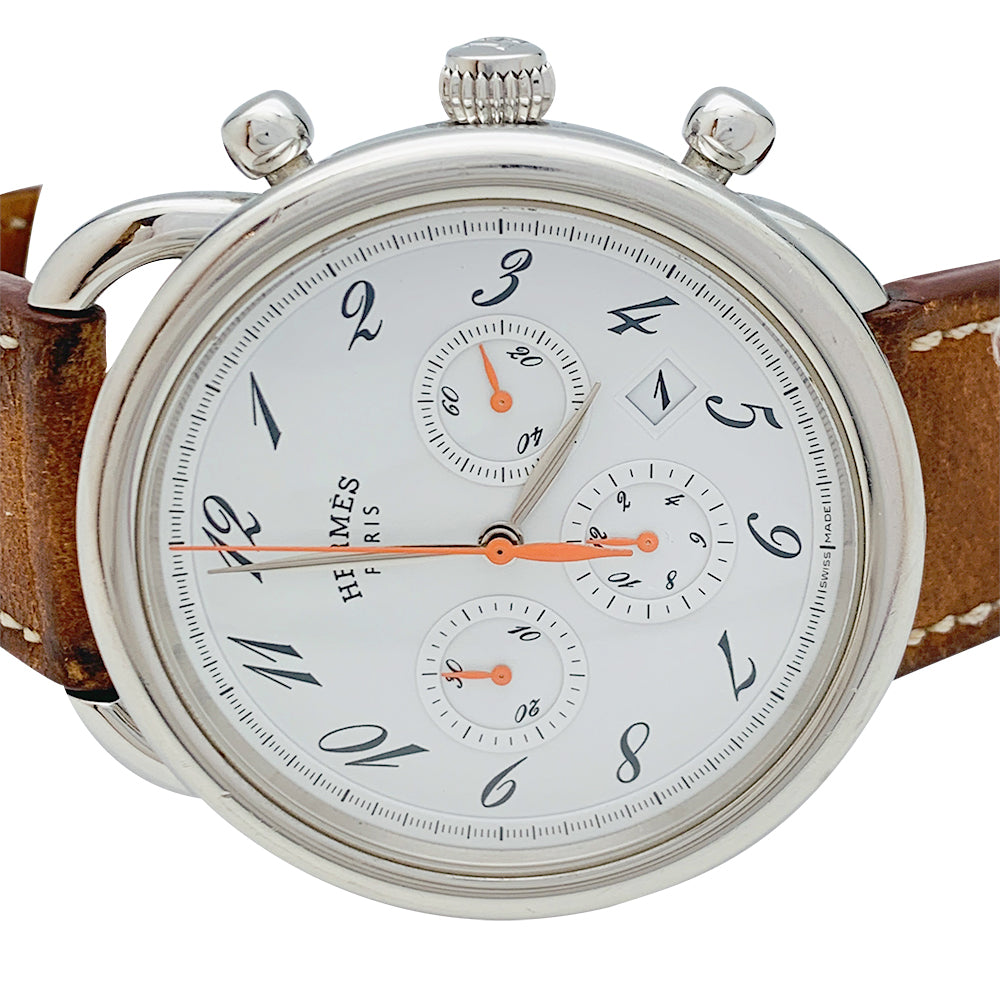 Hermès "Arceau" chronograph watch in steel and leather.