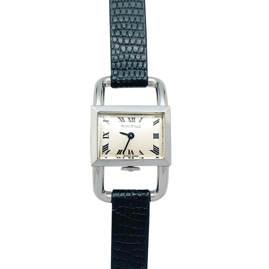 Montre Jaeger Lecoultre,"Etrier", acier sur cuir.