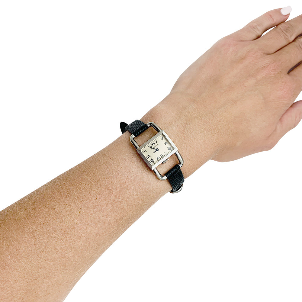 Montre Jaeger Lecoultre,"Etrier", acier sur cuir.