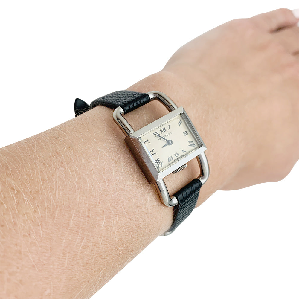 Montre Jaeger Lecoultre,"Etrier", acier sur cuir.