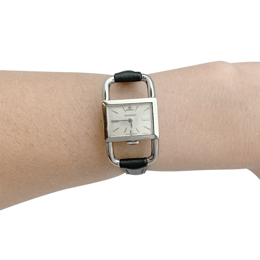 Jaeger Lecoultre & Hermès watch, "Etrier" model in steel, leather strap.