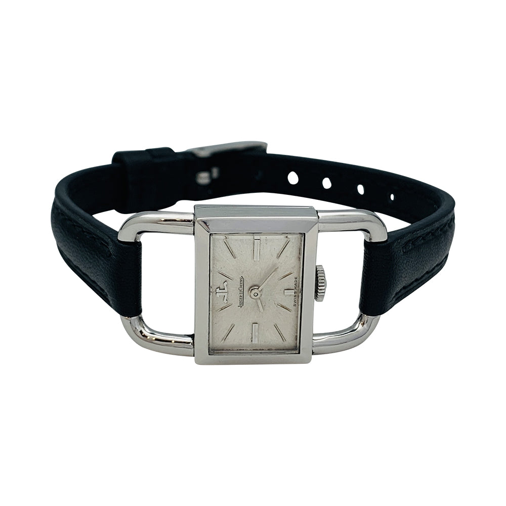 Jaeger Lecoultre & Hermès watch, "Etrier" model in steel, leather strap.