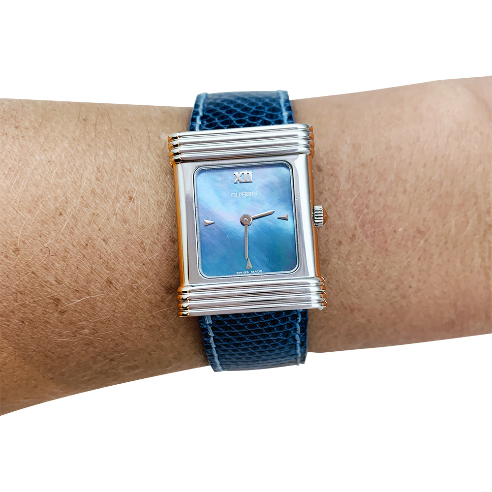 OJPerrin watch, steel, mother-of-pearl, leather.