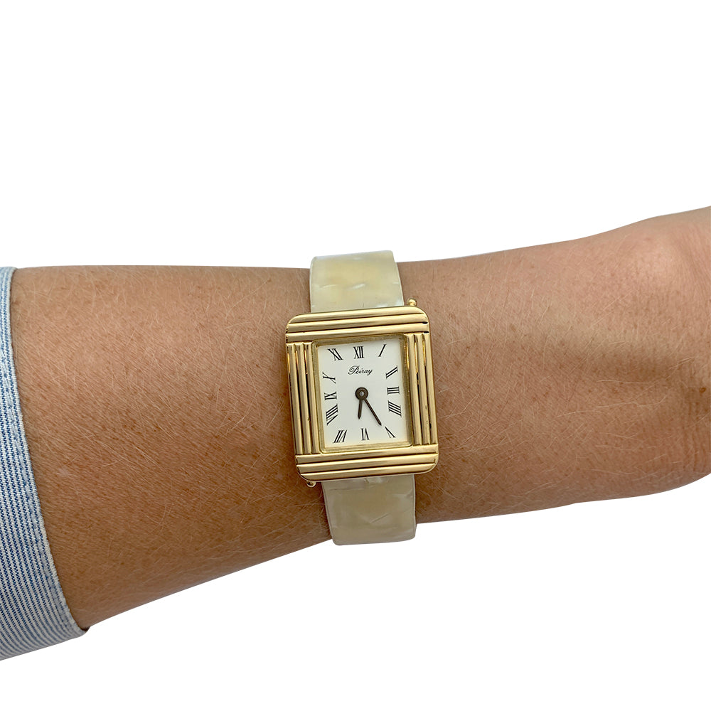 Poiray watch, "Ma Première", in yellow gold, interchangeable leather strap.