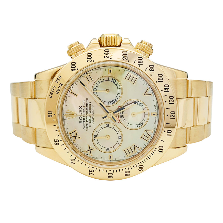 Rolex watch, "Oyster Perpetual Cosmograph Daytona" model, in yellow gold and mother-of-pearl.