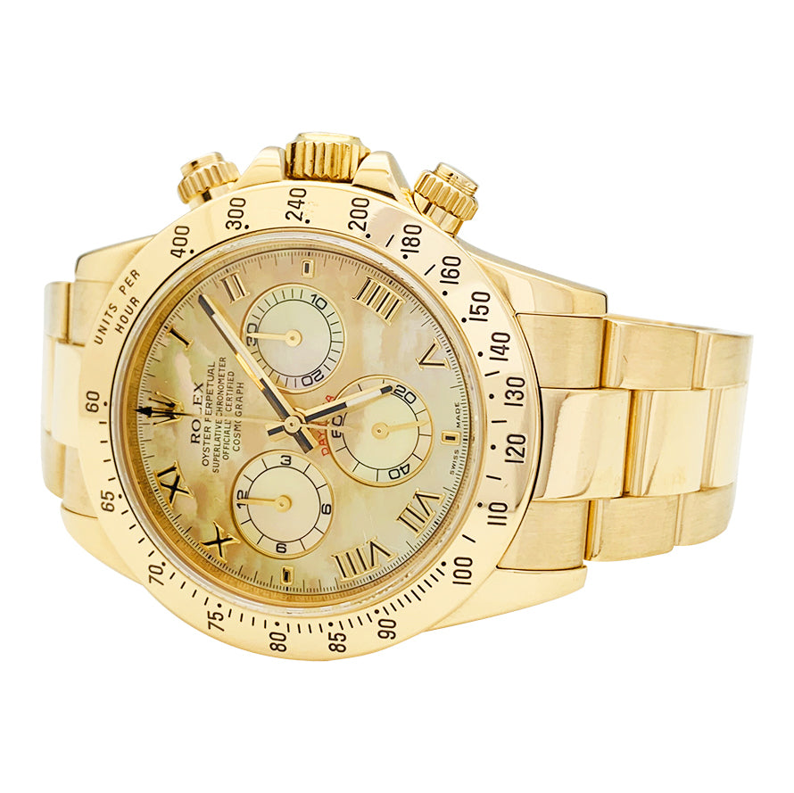 Rolex watch, "Oyster Perpetual Cosmograph Daytona" model, in yellow gold and mother-of-pearl.