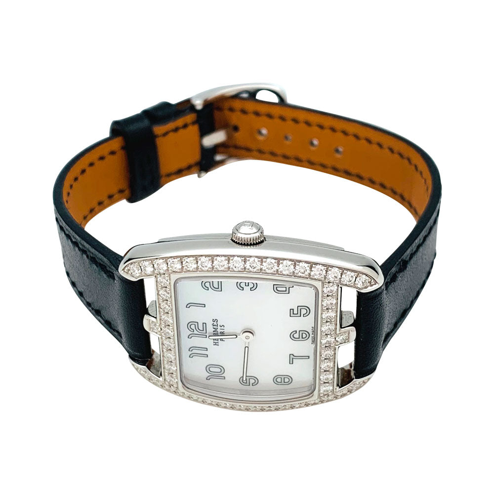 Hermès watch, "Cape Cod Tonneau" model, in steel and diamonds on leather.