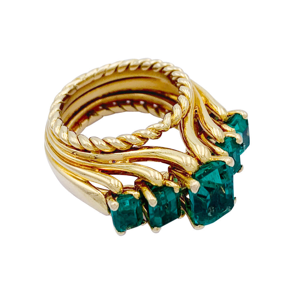 Bague vintage or jaune, émeraudes.
