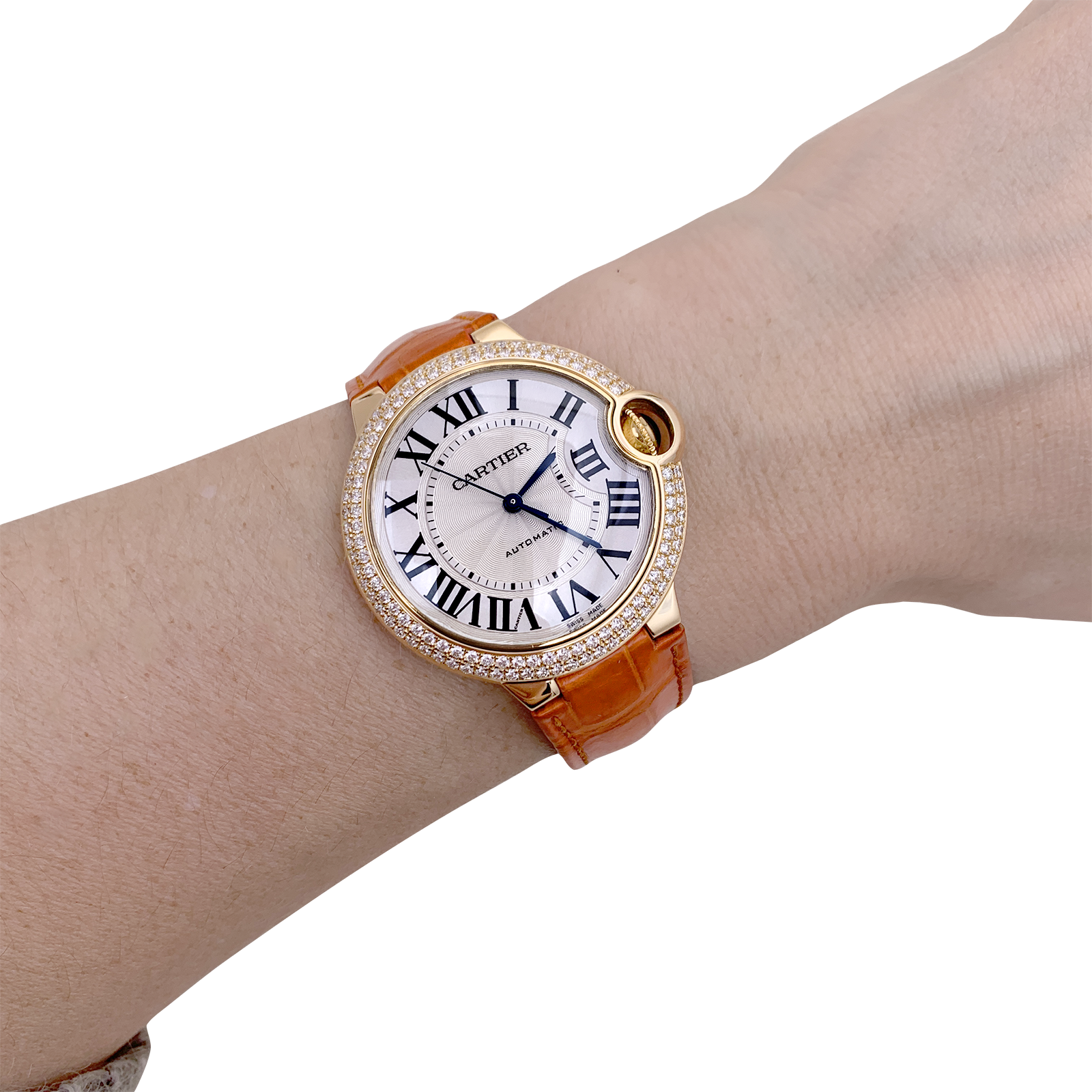 Montre Cartier "Ballon Bleu" or jaune, diamants, cuir.