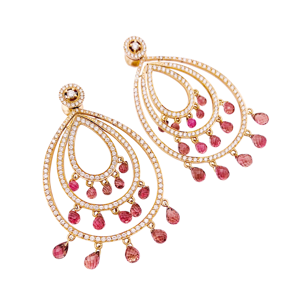 Pendants d'oreilles, or rose, diamants et tourmalines.