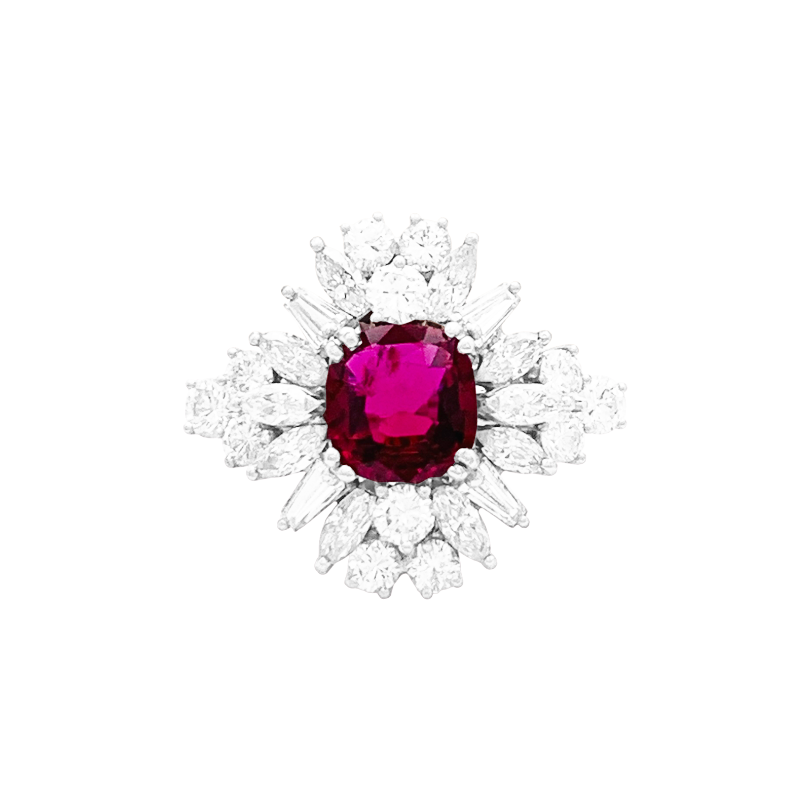 Bague jupe or blanc rubis 1,57 cts et diamants.