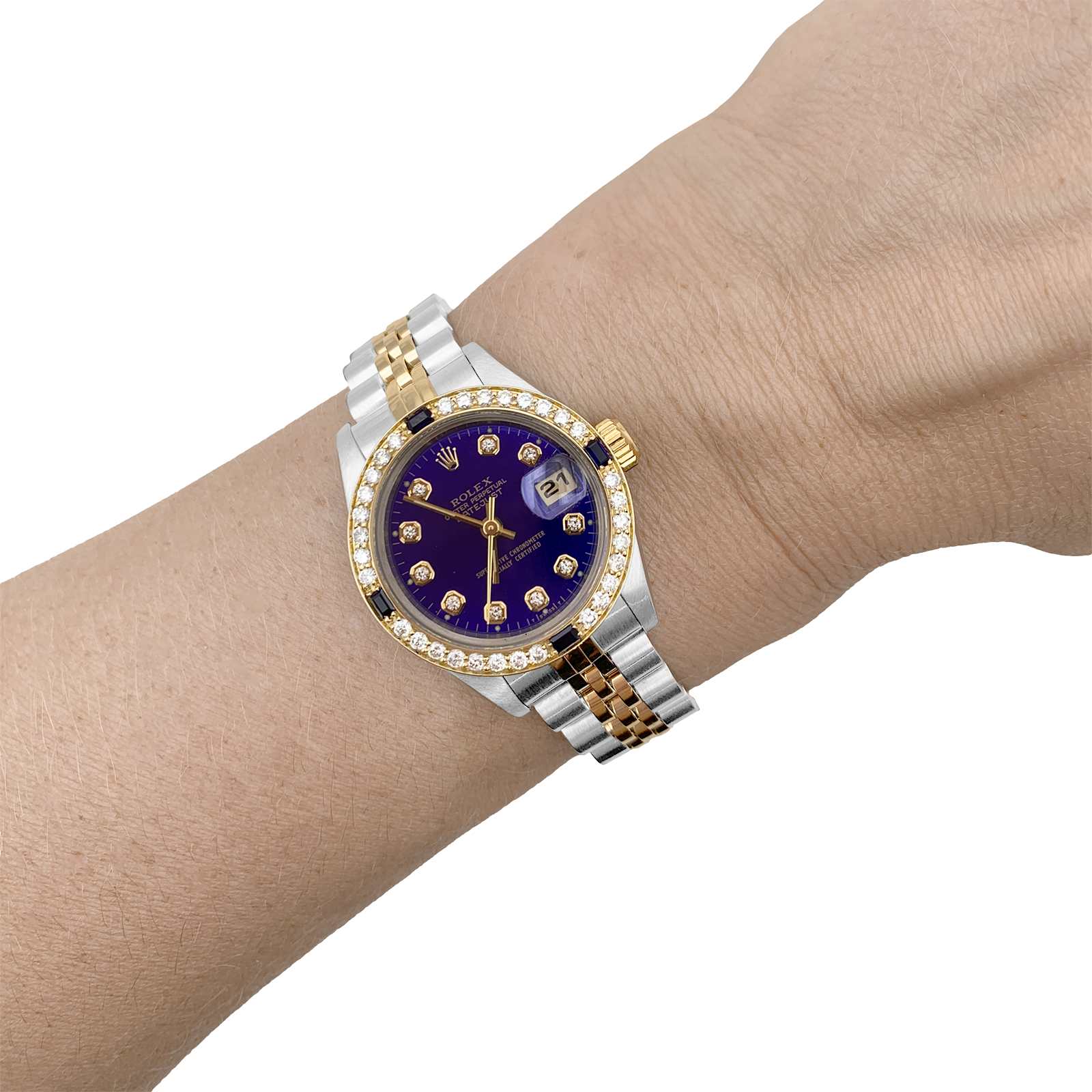 Montre Rolex, "Oyster Perpetual Datejust", or jaune, acier, diamants.
