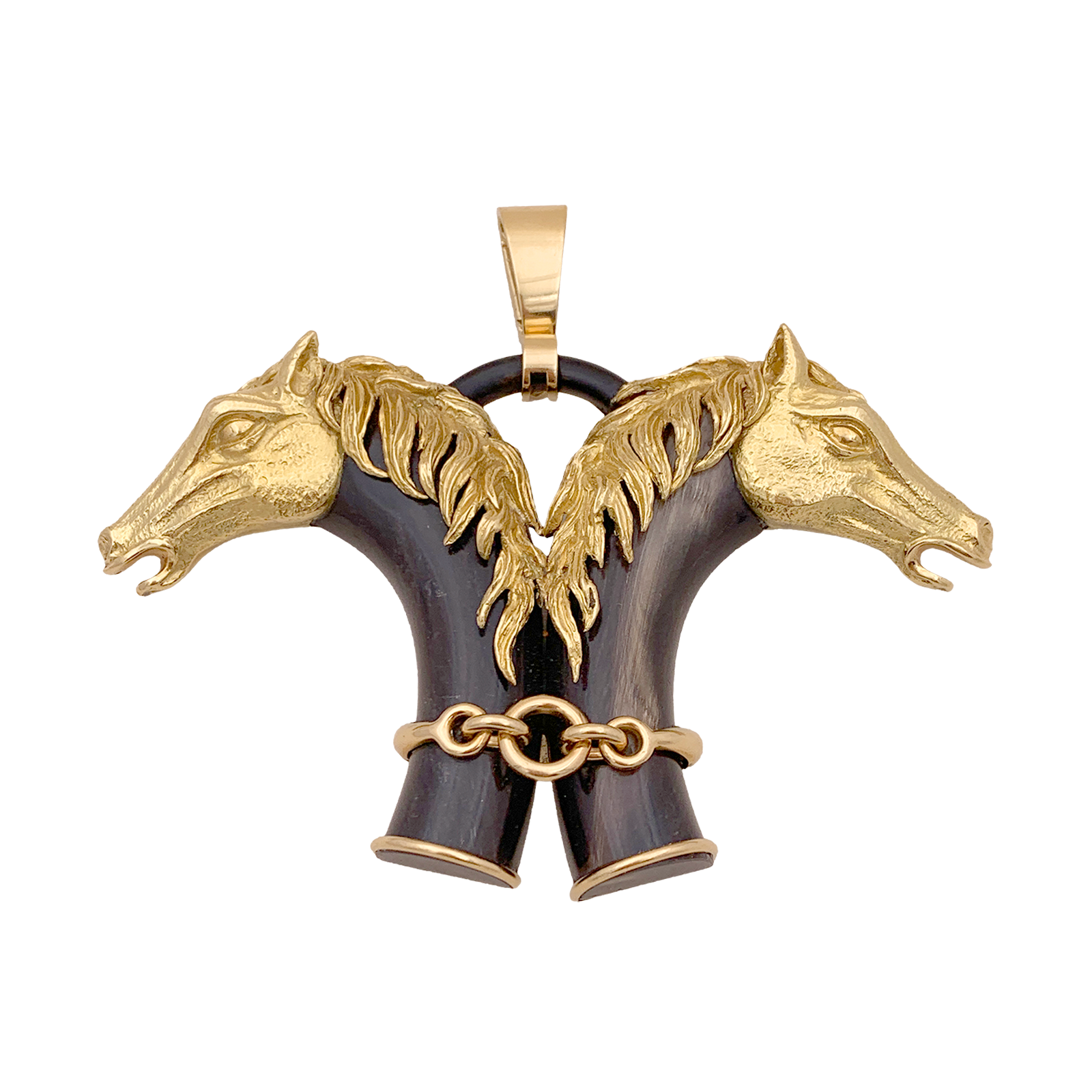 Pendentif FRED double tête de cheval en or jaune et corne.