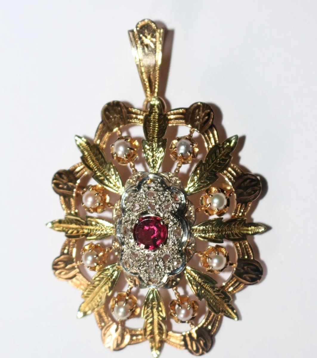 Pendentif Broche ancienne Napoléon III Trois Ors Diamants Grenat - Maison Eloe