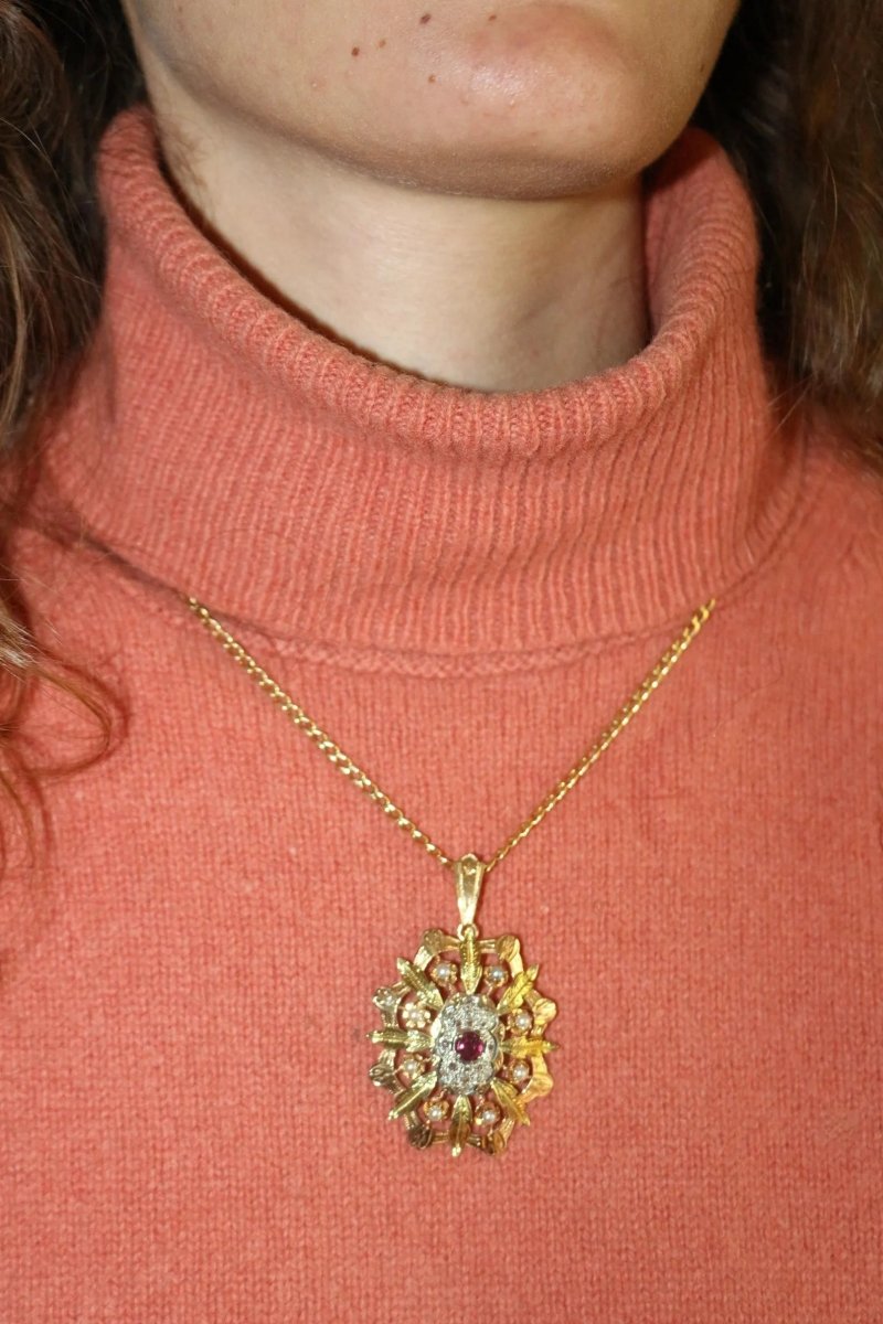 Pendentif Broche ancienne Napoléon III Trois Ors Diamants Grenat - Maison Eloe