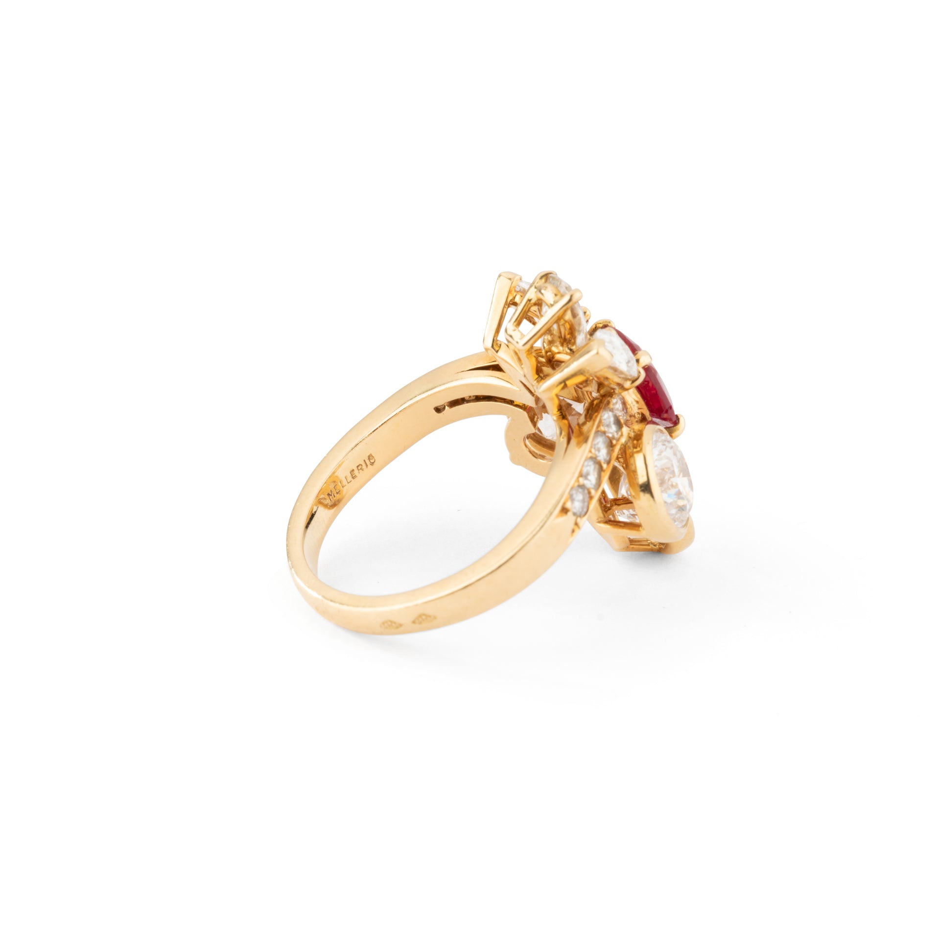 Yellow gold ring adorned with a natural Burmese Ruby and diamonds, signed MELLERIO