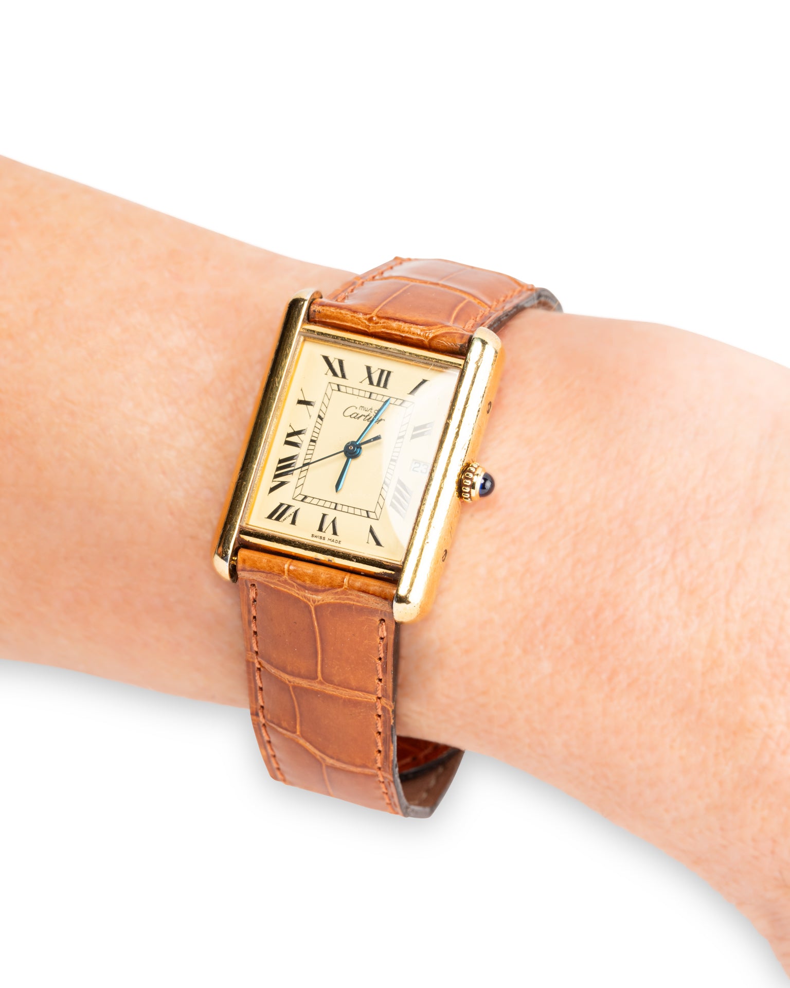 Cartier Montre Tank Must vintage  Vermeil sur Cuir  gold authentifiee et garantie