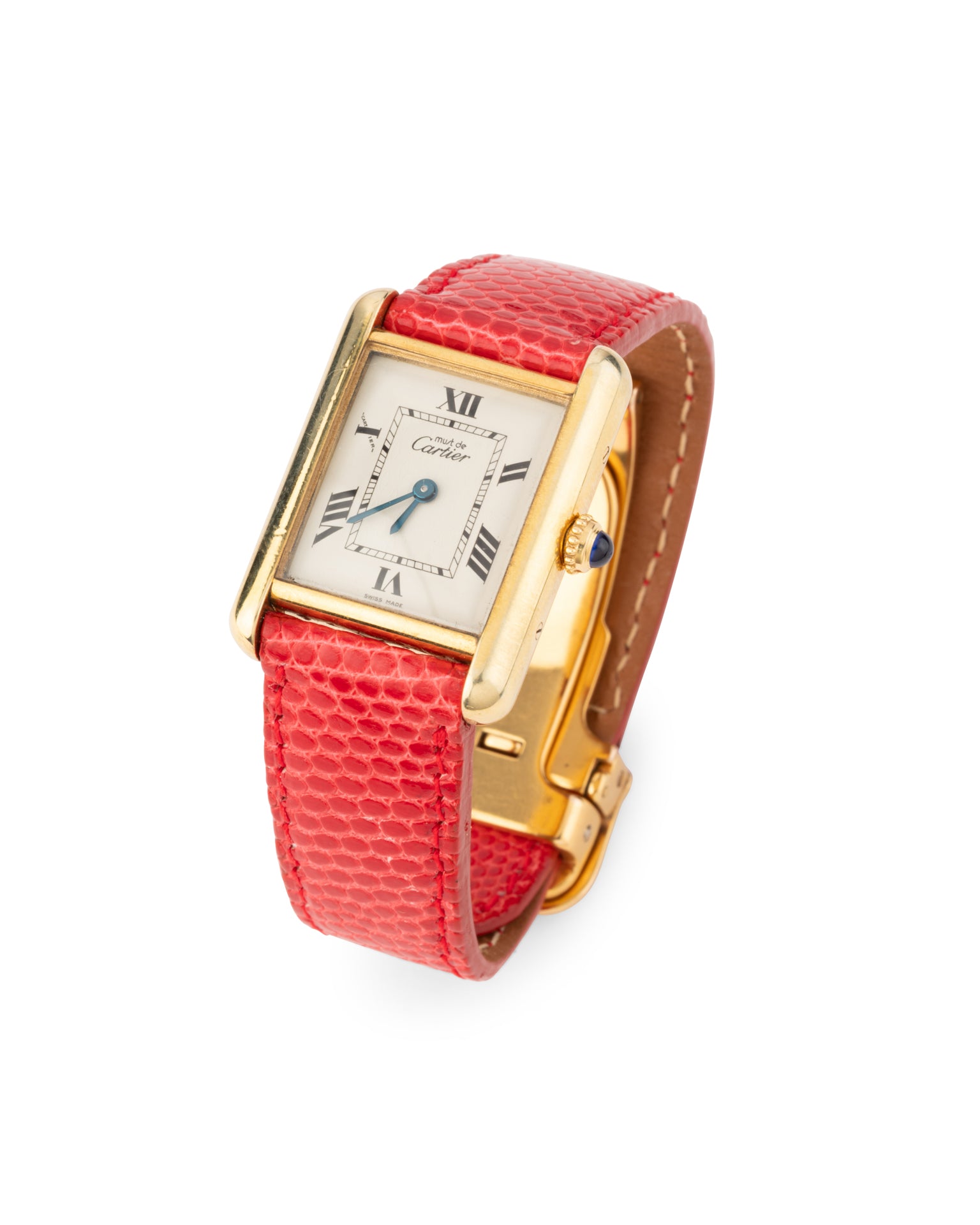 Cartier, Montre Tank Must Vintage Vermeil sur cuir rouge